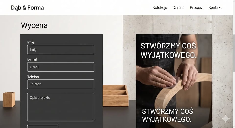 Dominika robi w drewnie — Formularz wyceny (desktop)