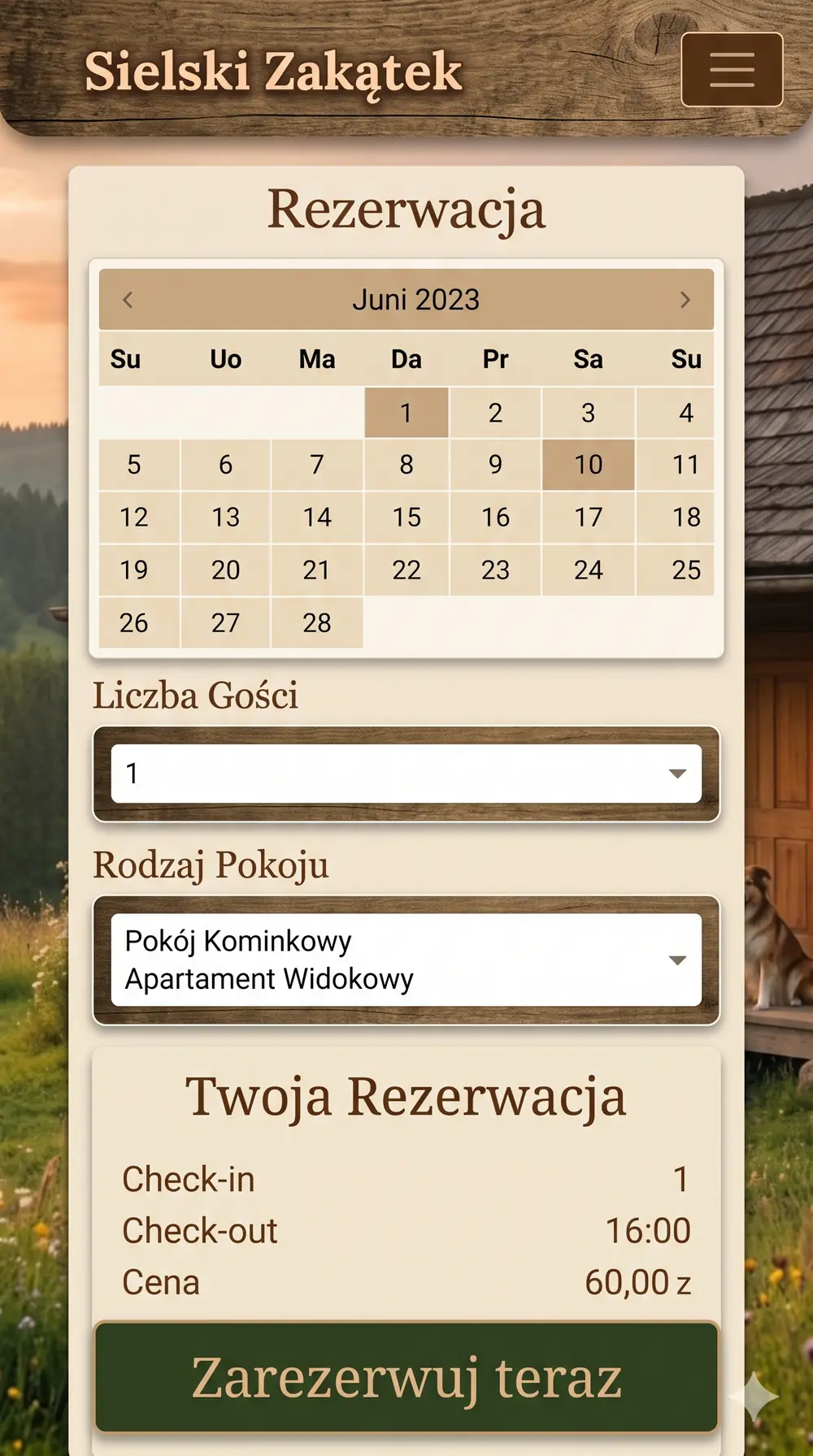 Sielski Zakątek — Rezerwacja noclegu (mobile)